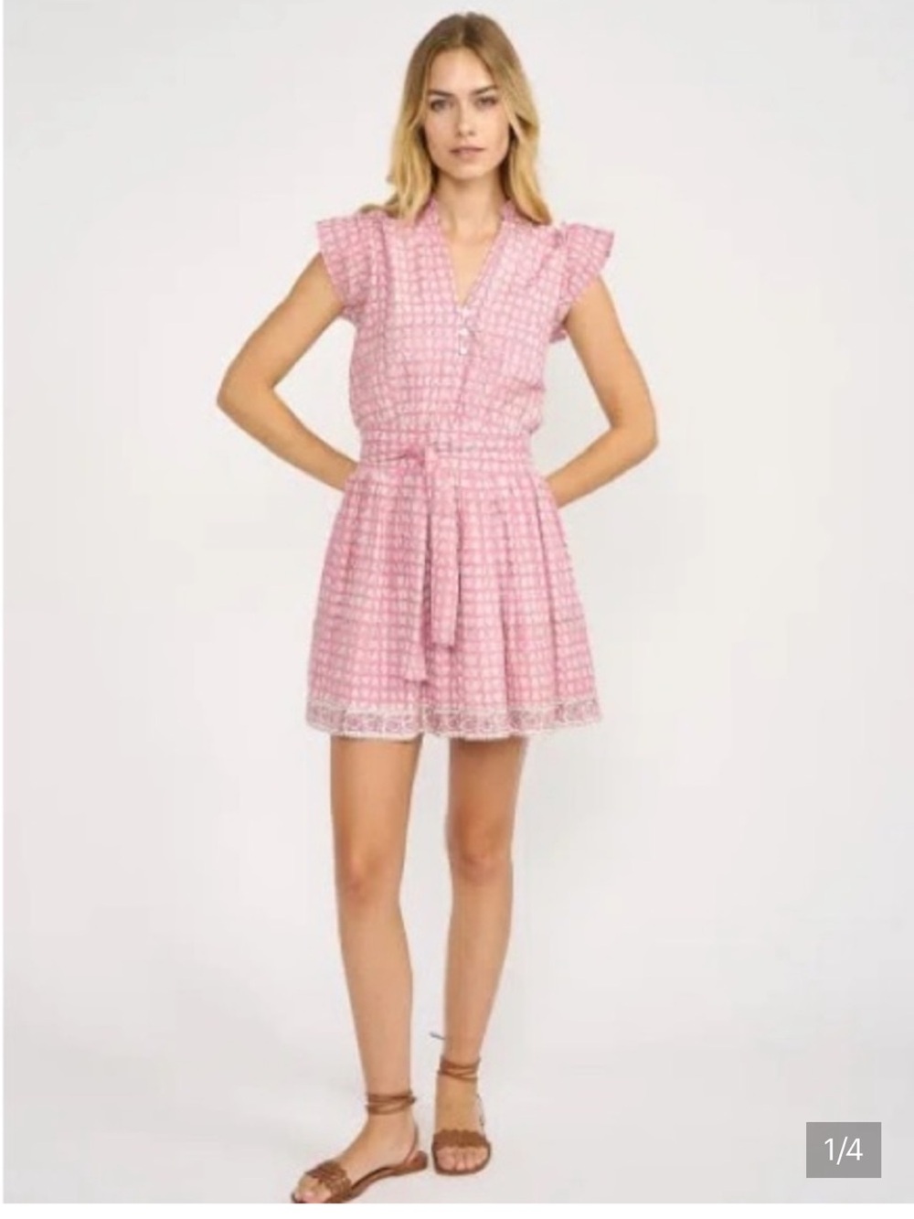Marea by Liz Joy Pink Short-Sleeve Tie-Waist Block Print Dress - large